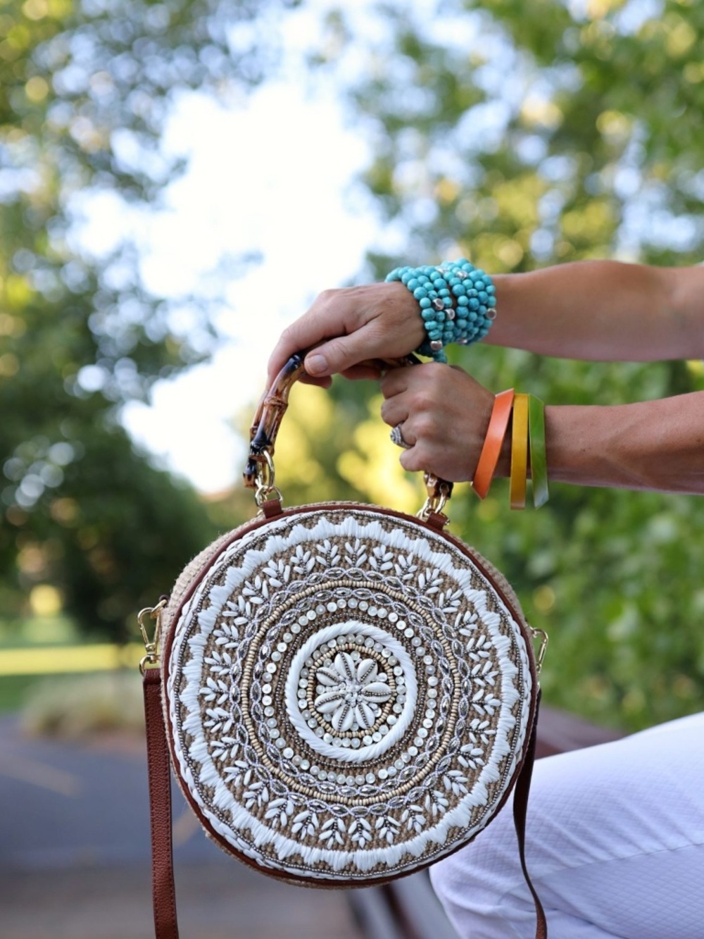 Chico's Round Woven Crossbody Bag in Natural and White with Brown Trim - Picture 8 of 8